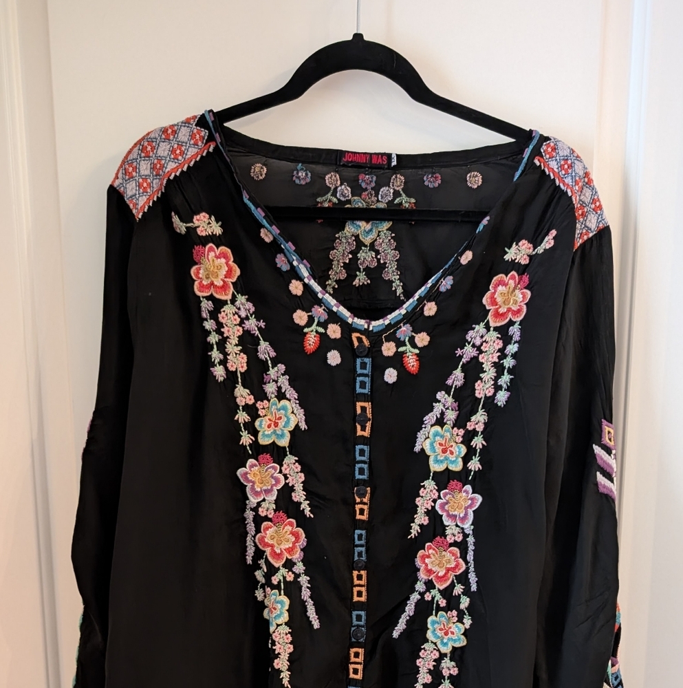 Johnny Was Black Embellished Blouse with Pink Floral Embroidery